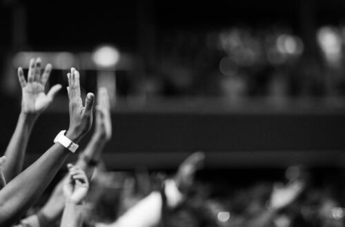 Black and white image of audience with hands raised, capturing concert energy.